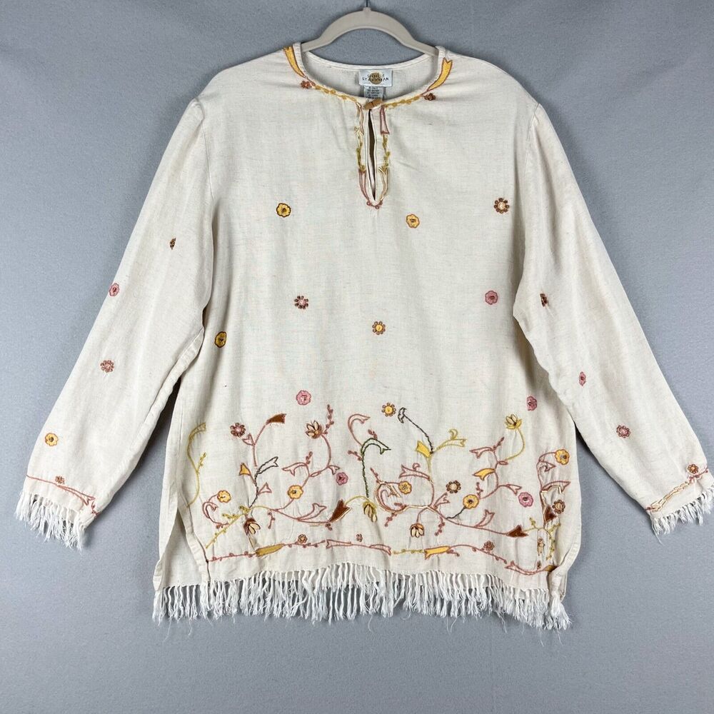 Sandy Starkman Tunic Top Women 1X Embroidered Beaded Fringe Floral Peasant Artsy